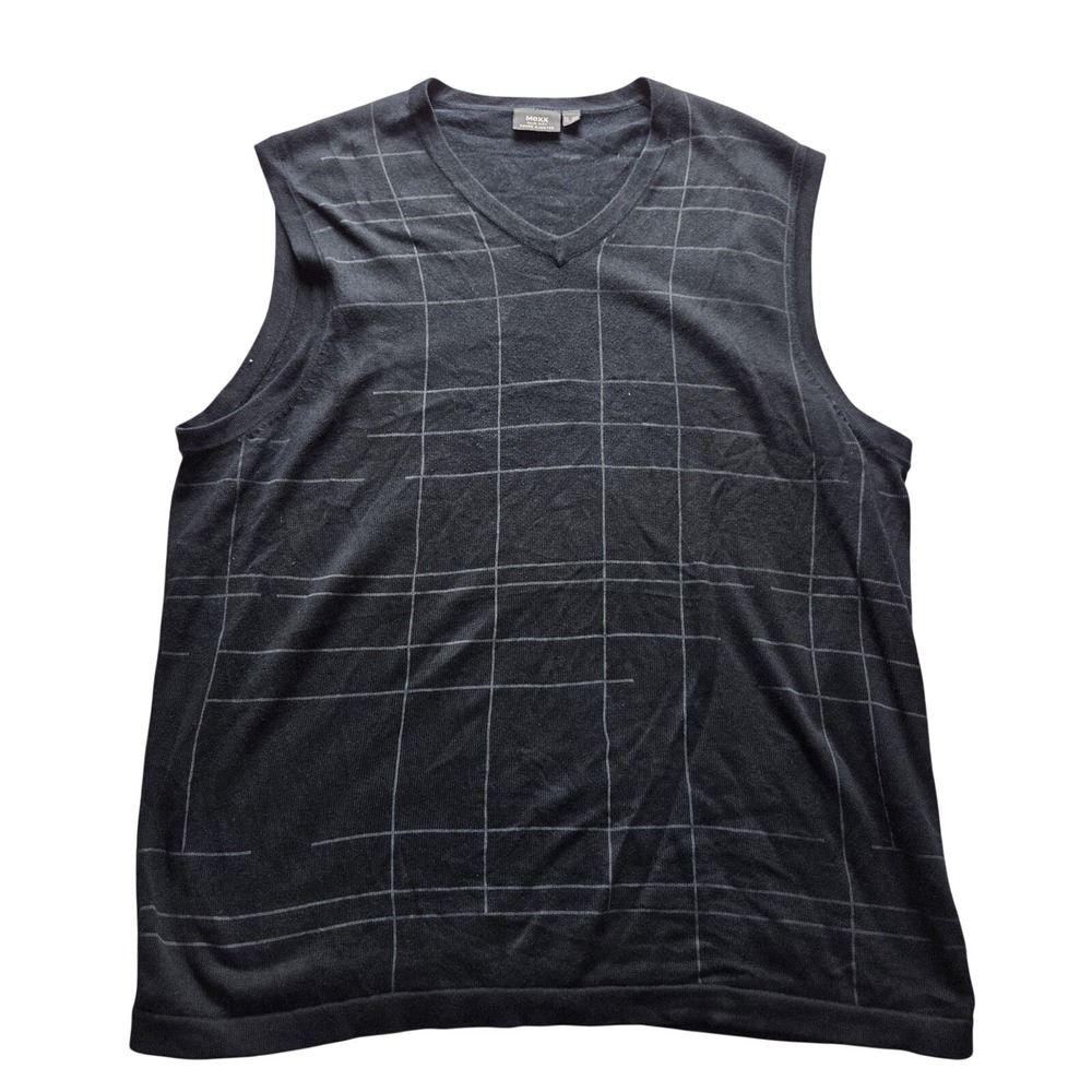 Mexx Sweater Vest Mens 2XL Black Check 100% Cotton V Neck Slim Fit Casual Knit